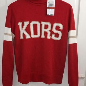 Michael Kors Red Crewneck Sweater with White and Gold Accents